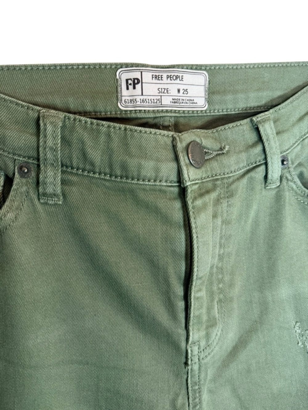Free People Olive Green Distressed Jeans Frayed Hem Size 25 Boho Raw Hem - Picture 7 of 9